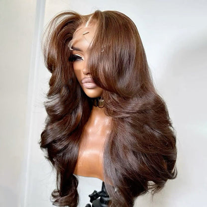 Chocolate Brown Body Wave with Face Framing Layers Cut Curtain Bangs Fluffy Colored Human Hair HD Lace Wig