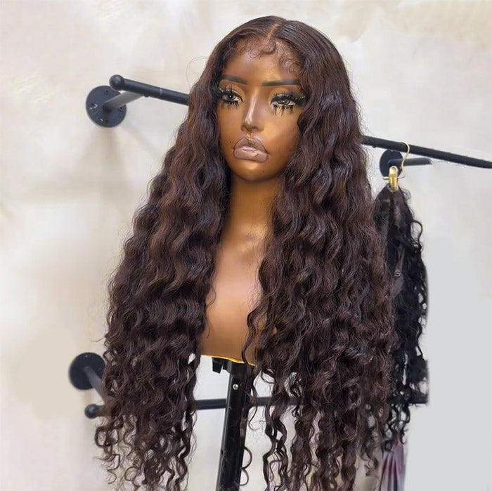 Chocolate Brown Water Wave 4B 4C Hairline Kinky Edges Human Hair Wigs Glueless Put On Go Wig