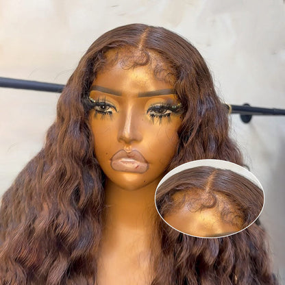 Chocolate Brown Water Wave 4B 4C Hairline Kinky Edges Human Hair Wigs Glueless Put On Go Wig