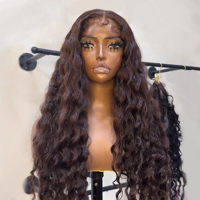 Chocolate Brown Water Wave 4B 4C Hairline Kinky Edges Human Hair Wigs Glueless Put On Go Wig