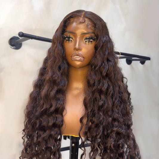 Chocolate Brown Water Wave 4B 4C Hairline Kinky Edges Human Hair Wigs Glueless Put On Go Wig