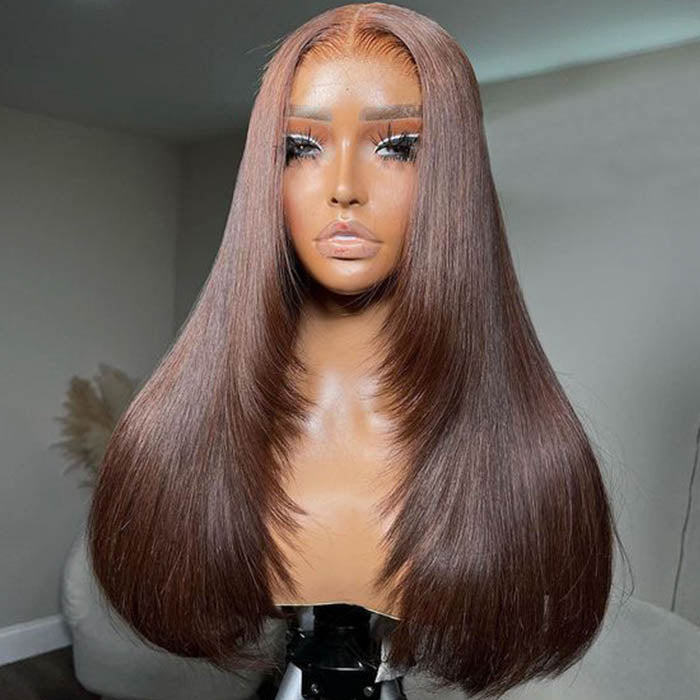 Chocolate Brown Glueless Straight Layered Cut 13x4/13x6 Lace Front Human Hair Wigs High Density