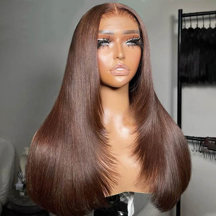 Chocolate Brown Glueless Straight Layered Cut 13x4/13x6 Lace Front Human Hair Wigs High Density