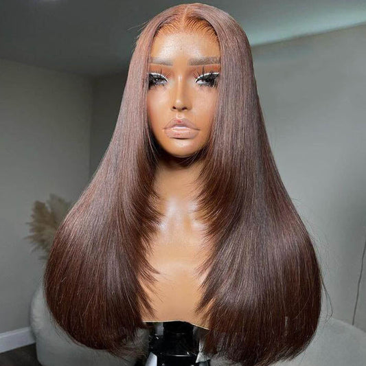 Chocolate Brown Glueless Straight Layered Cut 13x4/13x6 Lace Front Human Hair Wigs High Density