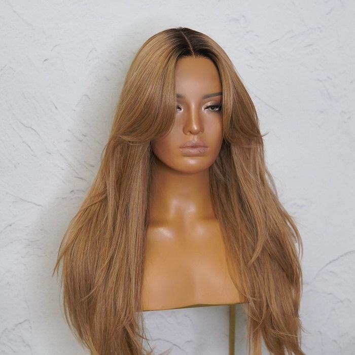 Curtain Bangs Caramel Blonde HD Lace Wig 1B/27 Colored Long Straight Ombre Human Hair Wig