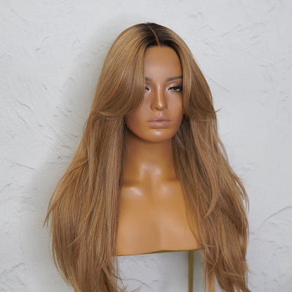 Curtain Bangs Caramel Blonde HD Lace Wig 1B/27 Colored Long Straight Ombre Human Hair Wig