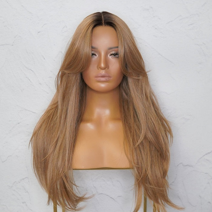 Curtain Bangs Caramel Blonde HD Lace Wig 1B/27 Colored Long Straight Ombre Human Hair Wig
