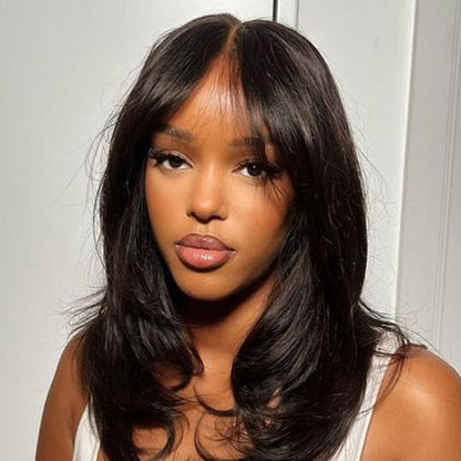 [$199 = 2 Wigs] 4C Hairline Kinky Edges Body Wave Wig & Face-Framing Curtain Bangs Straight Wig Special Offer