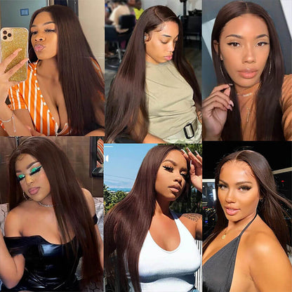 Dark Brown Colored Wigs Straight Hair Brown Human Hair Wig HD Transparent 4x4 Lace Closure Wig