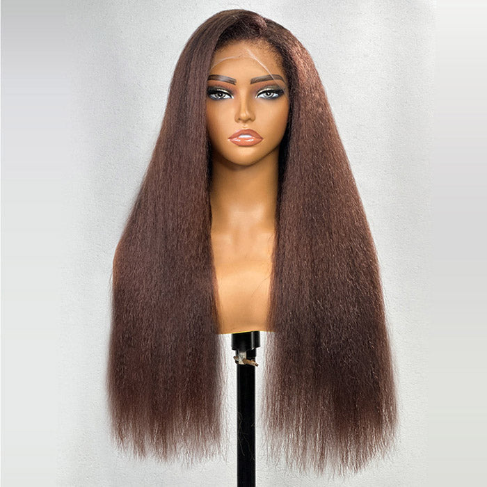 Dark Chestnut Brown 4C Edges Hairline Kinky Straight Wig Glueless Human Hair Wigs with Curly Baby Hair