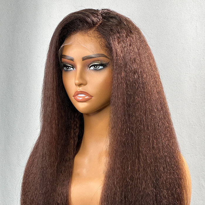Dark Chestnut Brown 4C Edges Hairline Kinky Straight Wig Glueless Human Hair Wigs with Curly Baby Hair