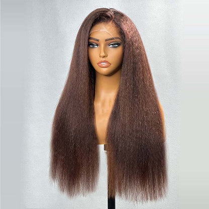 Dark Chestnut Brown 4C Edges Hairline Kinky Straight Wig Glueless Human Hair Wigs with Curly Baby Hair