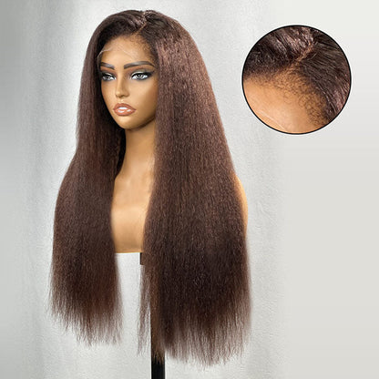 Dark Chestnut Brown 4C Edges Hairline Kinky Straight Wig Glueless Human Hair Wigs with Curly Baby Hair