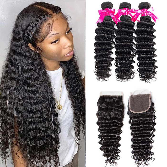 Deep Wave Human Hair 3 Bundles With 4x4 Lace Closure