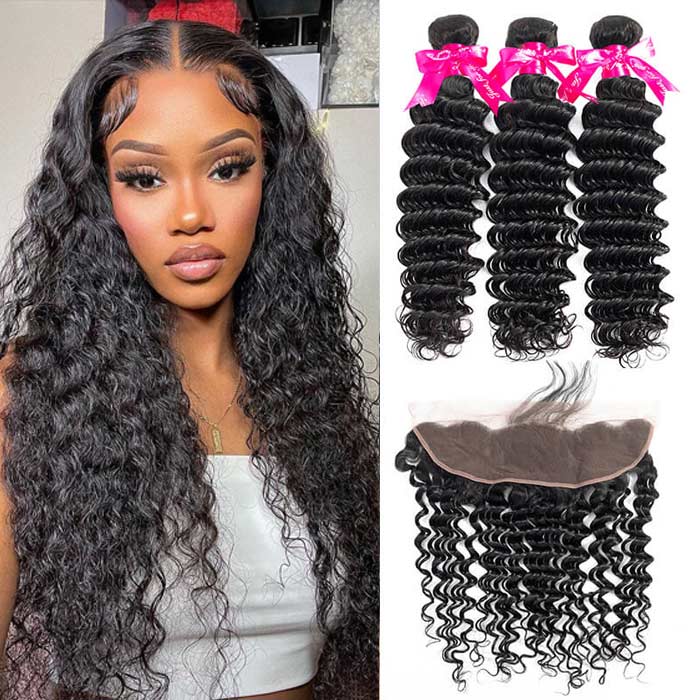 Deep Wave Virgin Hair Weave 3 Bundles With 13*4 Lace Frontal