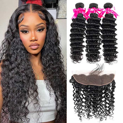 Deep Wave Virgin Hair Weave 3 Bundles With 13*4 Lace Frontal