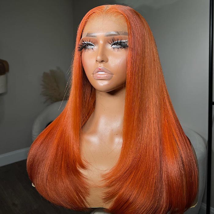 Ginger Orange Layered Cut HD Lace Front Wig With Butterfly Wolf Cut #350 Burnt Orange Straight Wig