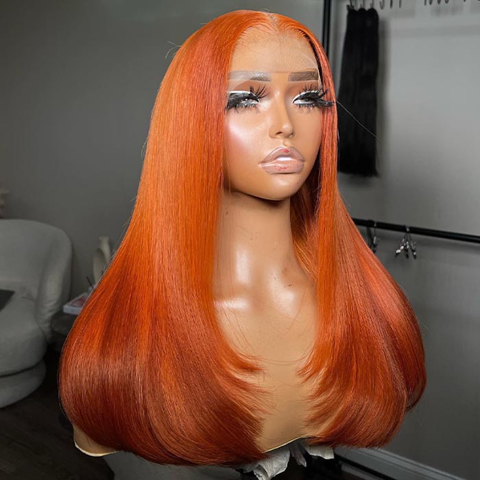 Ginger Orange Layered Cut HD Lace Front Wig With Butterfly Wolf Cut #350 Burnt Orange Straight Wig