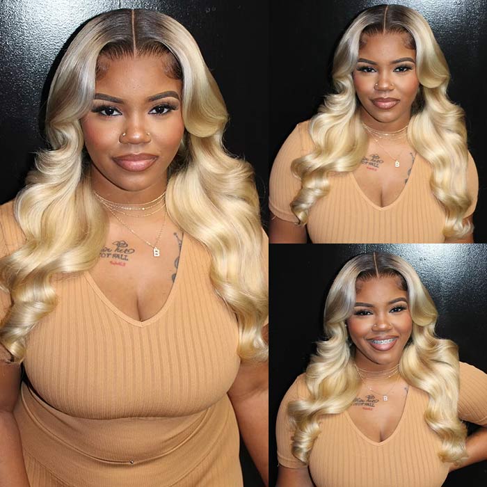 Glueless Ash Blonde Highlight Wig with Dark Roots P18/613 Curtain Bangs Body Wave Human Hair Wigs