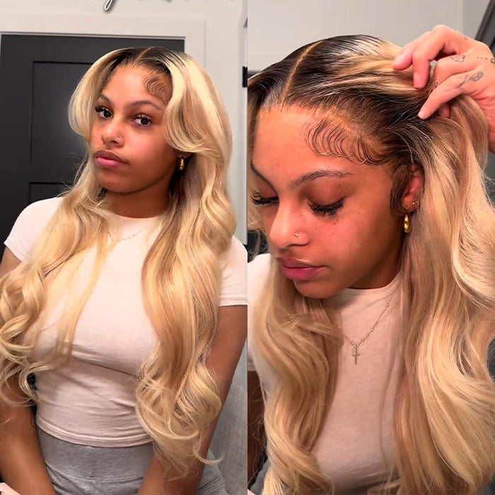 Glueless Ash Blonde Highlight Wig with Dark Roots P18/613 Curtain Bangs Body Wave Human Hair Wigs