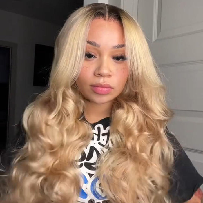 Glueless Ash Blonde Highlight Wig with Dark Roots P18/613 Curtain Bangs Body Wave Human Hair Wigs
