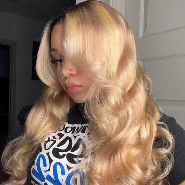 Glueless Ash Blonde Highlight Wig with Dark Roots P18/613 Curtain Bangs Body Wave Human Hair Wigs