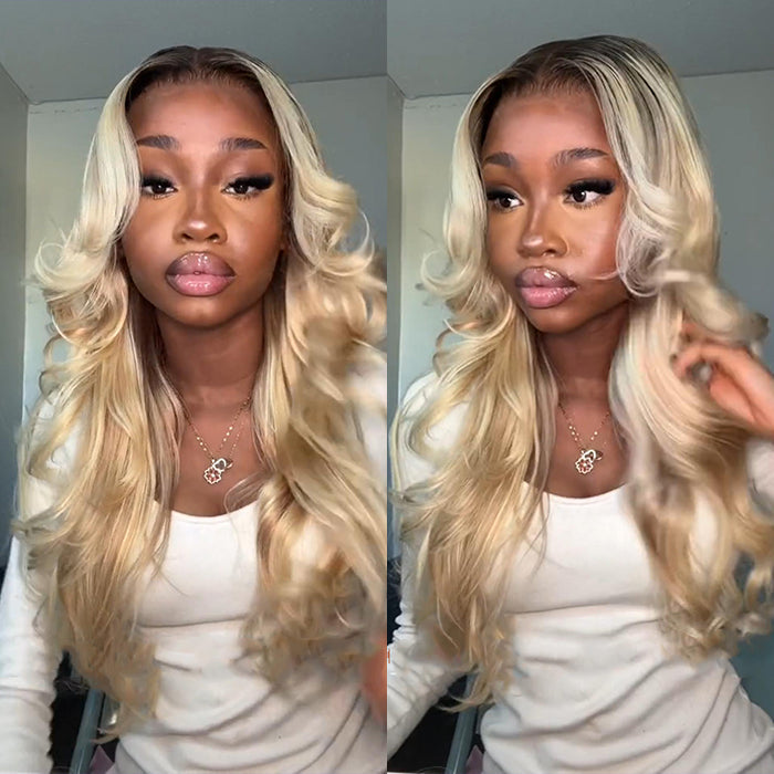 Glueless Ash Blonde Highlight Wig with Dark Roots P18/613 Curtain Bangs Body Wave Human Hair Wigs