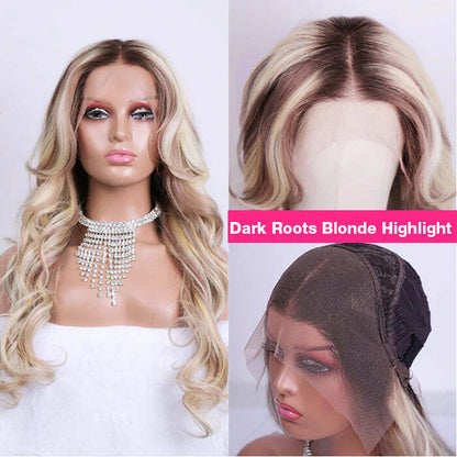 Glueless Ash Blonde Highlight Wig with Dark Roots P18/613 Curtain Bangs Body Wave Human Hair Wigs