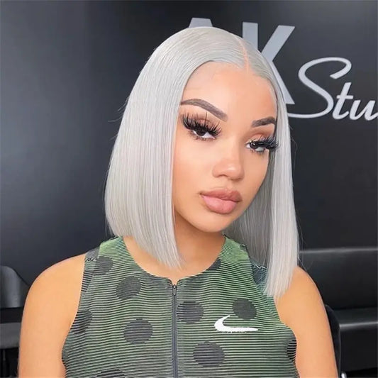 Grey Bob Wigs Straight 13x4 HD Transparent Lace Front Wigs 100% Human Virgin Hair Wigs