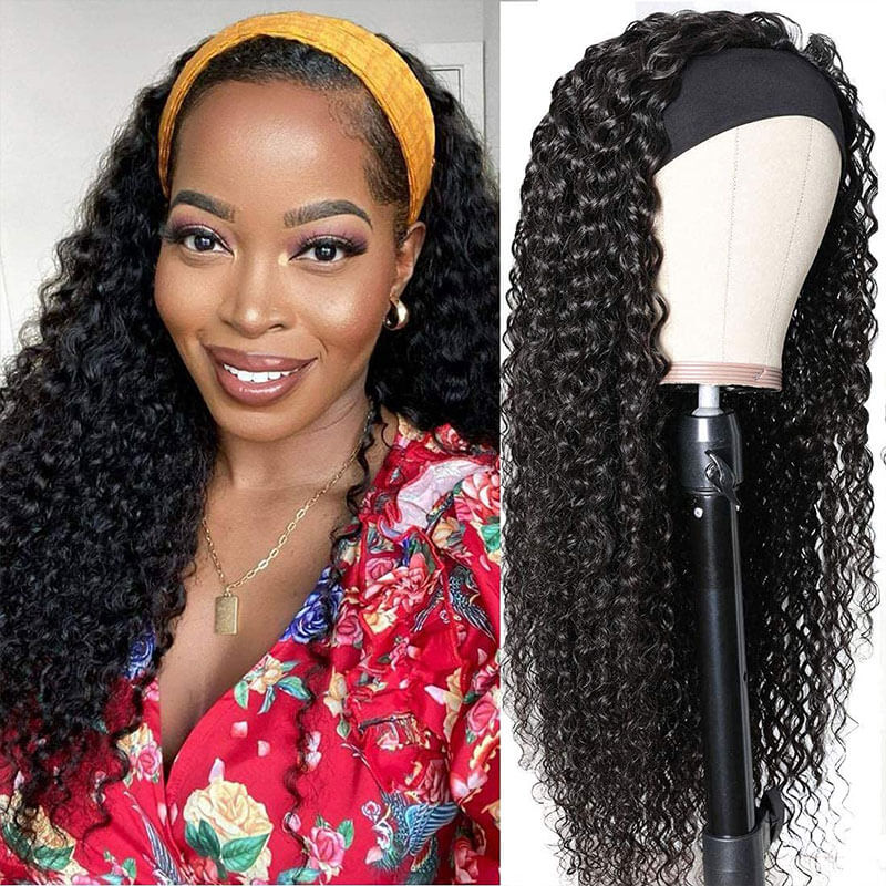 Afro Kinky Curly Headband Wig Human Hair Glueless None Lace Front Wigs Kinky Curly Wigs