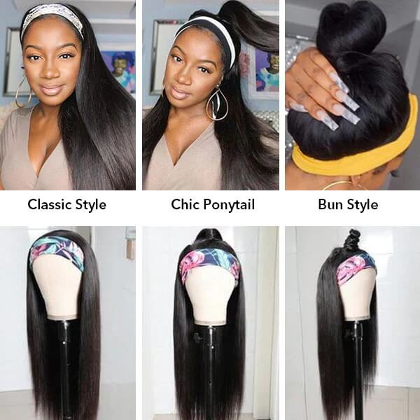 Straight Headband Wig Natural Color Human Virgin Hair Wig Headband Half Wig| Beginner Friendly