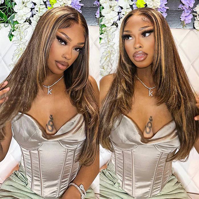 Highlight Blonde Brown Layered Cut Straight HD Lace Frontal Wig Colored Balayage Human Hair Wigs