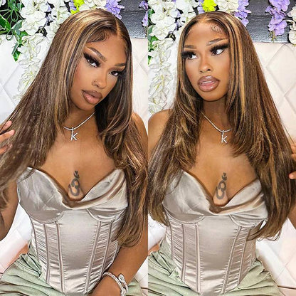 Highlight Blonde Brown Layered Cut Straight HD Lace Frontal Wig Colored Balayage Human Hair Wigs