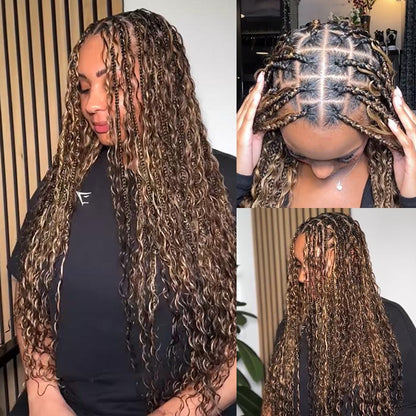 Highlight Brown Blonde Water Wave Knotless Boho Braided Glueless Wig Drawstring 13x6 Lace Frontal Wig