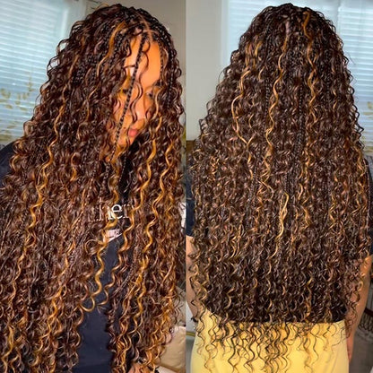 Highlight Brown Blonde Water Wave Knotless Boho Braided Glueless Wig Drawstring 13x6 Lace Frontal Wig