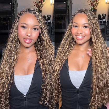 Highlight Brown Blonde Water Wave Knotless Boho Braided Glueless Wig Drawstring 13x6 Lace Frontal Wig