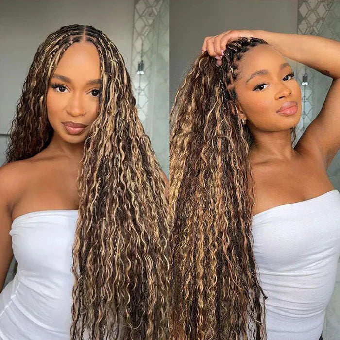 Highlight Brown Blonde Water Wave Knotless Boho Braided Glueless Wig Drawstring 13x6 Lace Frontal Wig
