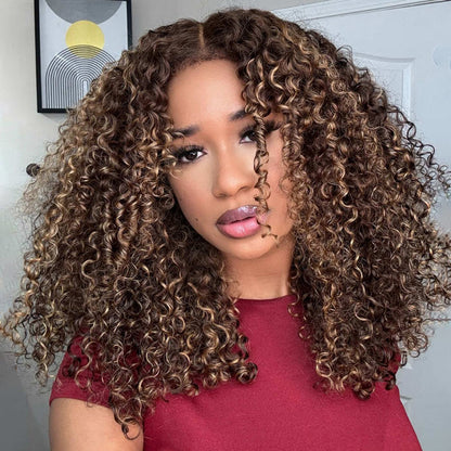 4C Edges Curly Glueless Blonde Highlights Wig Natural Hairline 8x5/360 Pre Cut HD Lace Front Wig