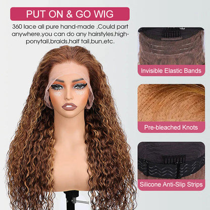 Invisi-String 360 HD Lace Frontal Balayage Highlights Blonde Glueless Wig Snug Fit Water Wave Human Hair Wigs
