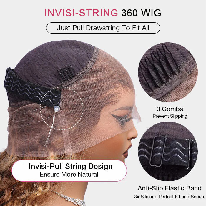 Invisi-String 360 HD Lace Frontal Balayage Highlights Blonde Glueless Wig Snug Fit Water Wave Human Hair Wigs