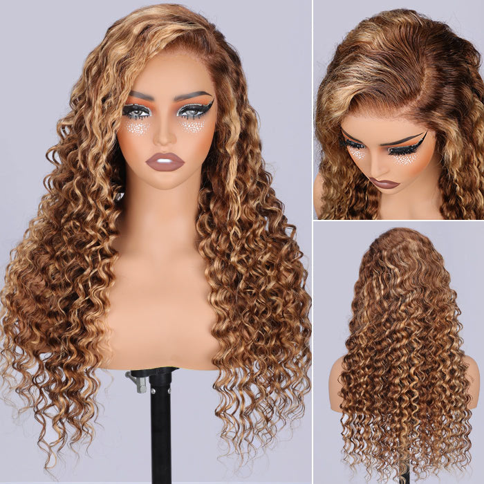 Invisi-String 360 HD Lace Frontal Balayage Highlights Blonde Glueless Wig Snug Fit Water Wave Human Hair Wigs
