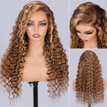Invisi-String 360 HD Lace Frontal Balayage Highlights Blonde Glueless Wig Snug Fit Water Wave Human Hair Wigs