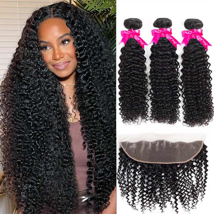 Kinky Curly Virgin Hair Weave 3 Bundles With 13*4 Lace Frontal