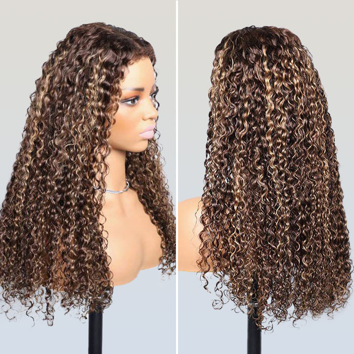 4C Edges Curly Glueless Blonde Highlights Wig Natural Hairline 8x5/360 Pre Cut HD Lace Front Wig