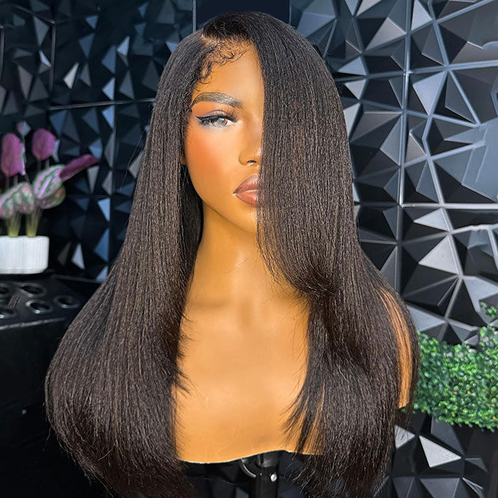 Kinky Edges 4C Hairline Yaki Straight Layered Cut Glueless Wig 220% Density 8x5 13x4 13x6 HD Lace Front Wig