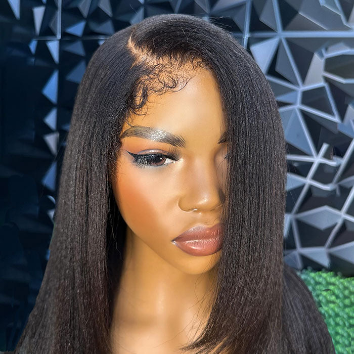Kinky Edges 4C Hairline Yaki Straight Layered Cut Glueless Wig 220% Density 8x5 13x4 13x6 HD Lace Front Wig