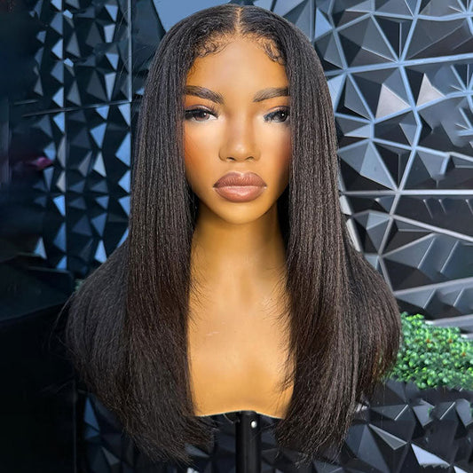 Kinky Edges 4C Hairline Yaki Straight Layered Cut Glueless Wig 220% Density 8x5 13x4 13x6 HD Lace Front Wig
