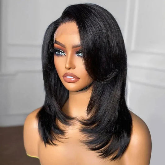 Layered Cut Yaki Straight Glueless Human Hair Wigs Wear Go Short Bob Long Lace Front HD Lace Wig