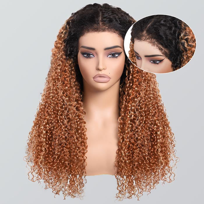 Luxury 350% Density Relastic 4C Hairline Kinky Edges Spiral Curly Glueless Ombre Highlight Lace Front Wig