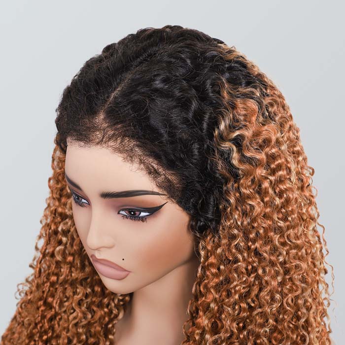 Luxury 350% Density Relastic 4C Hairline Kinky Edges Spiral Curly Glueless Ombre Highlight Lace Front Wig
